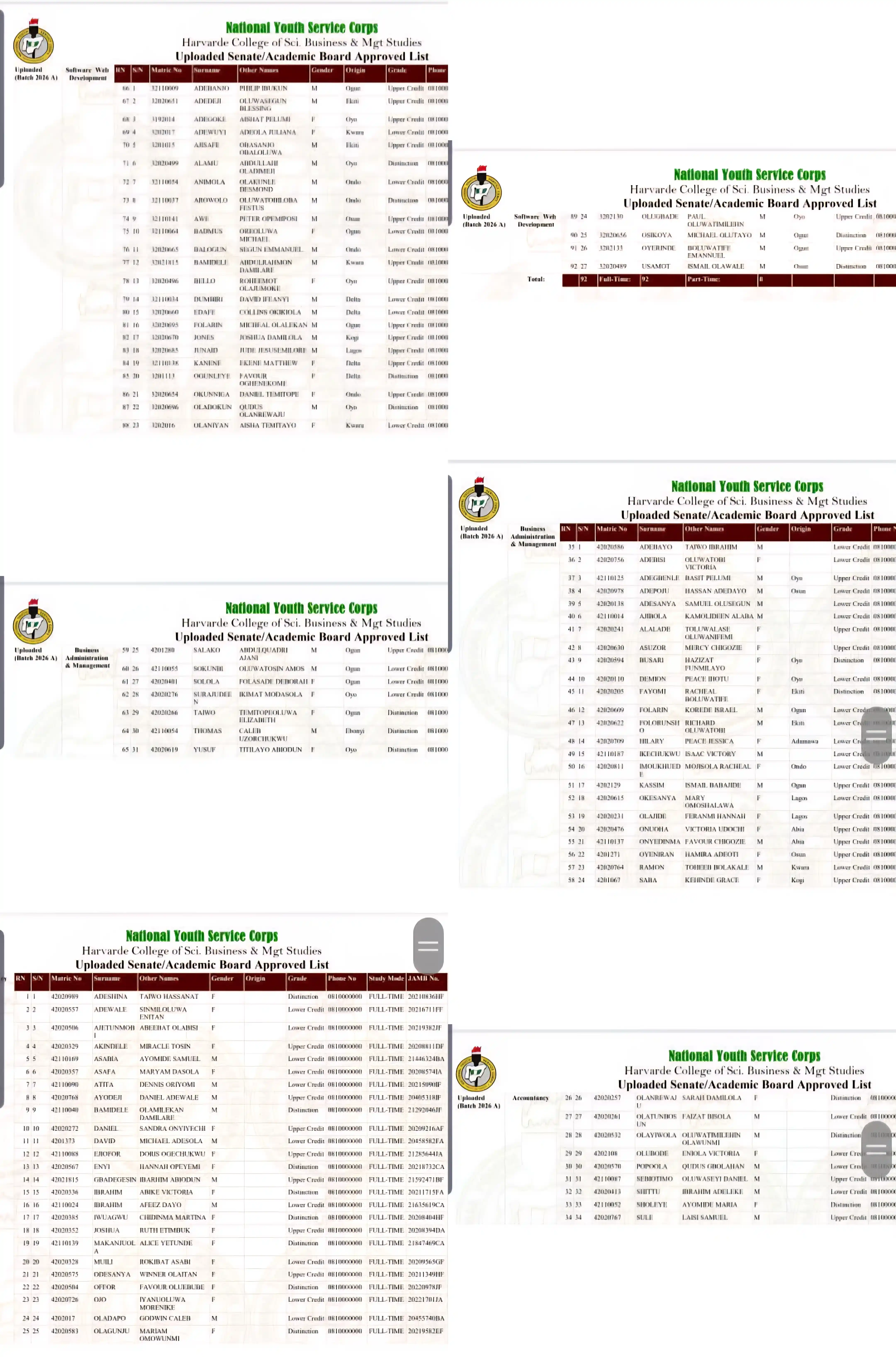 NYSC Senate Approved List – Harvarde College
